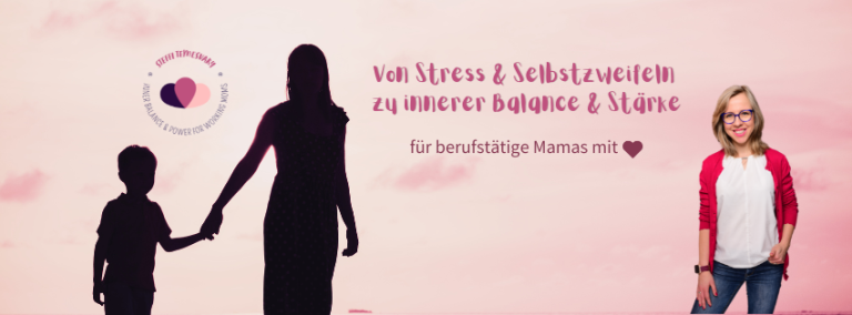 Silhouetten einer Mutter und Kindes, daneben lächelnde Frau mit rotem Shirt.